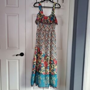 Denim 24/7 Floral Patchwork Maxi Dress - Teal, Red, Cream